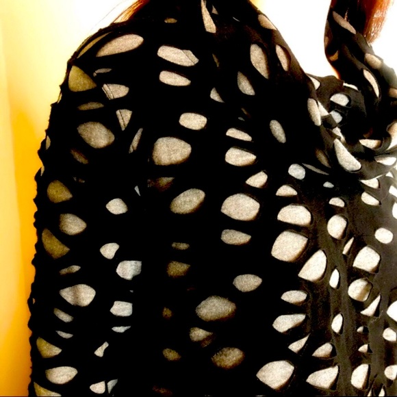 3 LEFT S-L CHIC Distressed Cowl Turtleneck Black Gray Top Church Office Attire - Picture 3 of 4